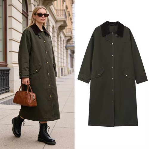 Damen langer wasserdichter Parka-Mantel mit Cordkragen und Druckknopfleiste Shop Nory