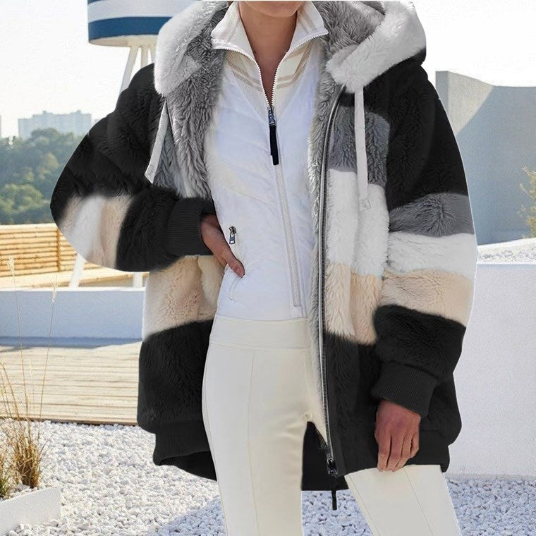 Damen nan Oversize Teddyfell-Kapuzenjacke mit Farbblock-Streifen, hochwertigem Reißverschluss und gerippten Bündchen Shop Nory