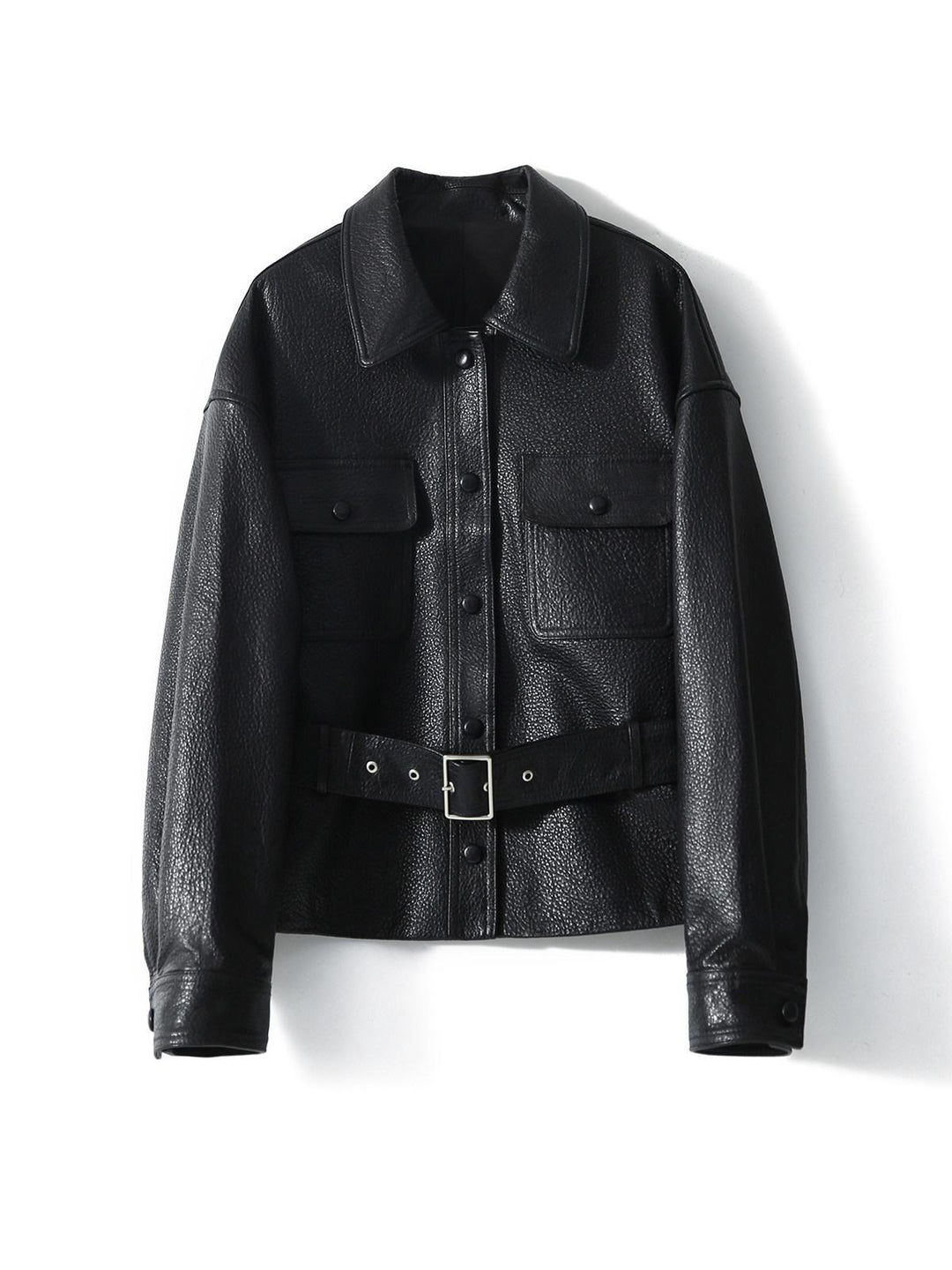 Damen Kurzjacke aus strukturiertem Leder mit Taillengürtel und Druckknöpfen Shop Nory
