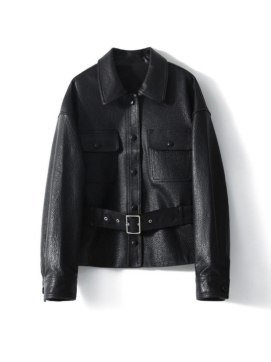 Damen Kurzjacke aus strukturiertem Leder mit Taillengürtel und Druckknöpfen Shop Nory