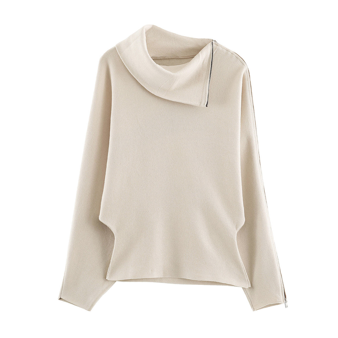 Damen Asymmetrischer Feinstrick-Pullover mit Schalkragen, Schulterreißverschluss und Zipper-Ärmel Shop Nory