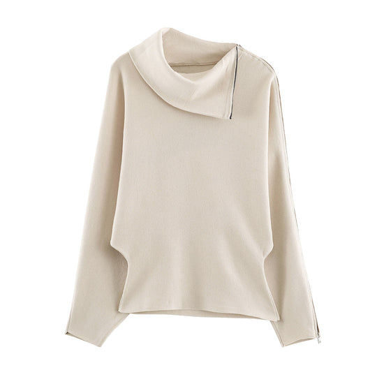 Damen Asymmetrischer Feinstrick-Pullover mit Schalkragen, Schulterreißverschluss und Zipper-Ärmel Shop Nory
