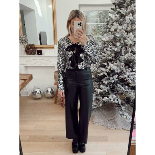 Damen Kurz geschnittene Pailletten-Bolerojacke mit dreifachen Satinschleifen und gefüttertem Innenfutter Shop Nory