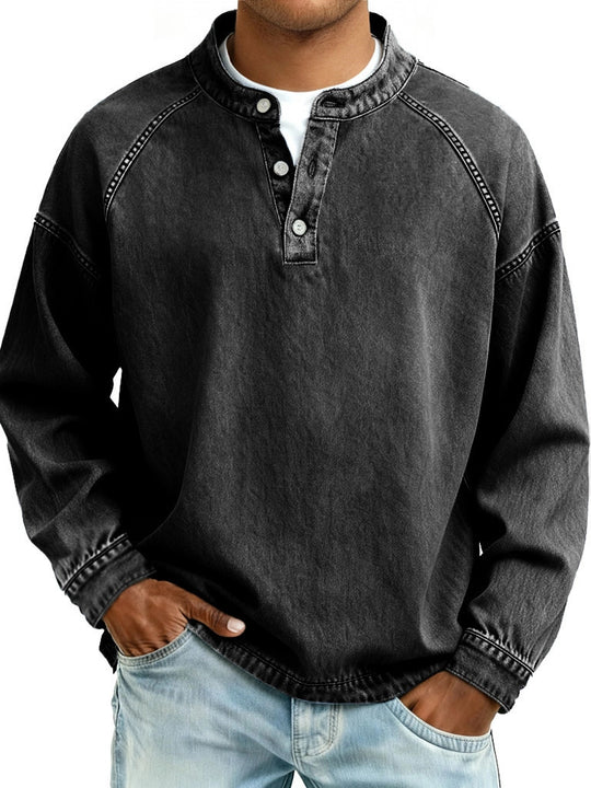 Herren nan verwaschenes Henley-Shirt mit Stehkragen, lockerer Passform und Knopfleiste Shop Nory