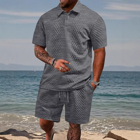 Herren nan geprägtes Strand-Ensemble mit offenem Kurzarm-Hemd und Kordel-Bermuda