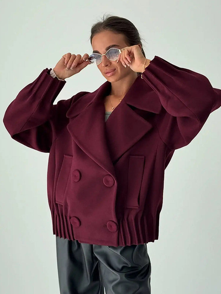 Damen Kurzer Boxy-Wollmantel mit übergroßem Schalkragen, doppelter Knopfleiste und geripptem Bund Shop Nory