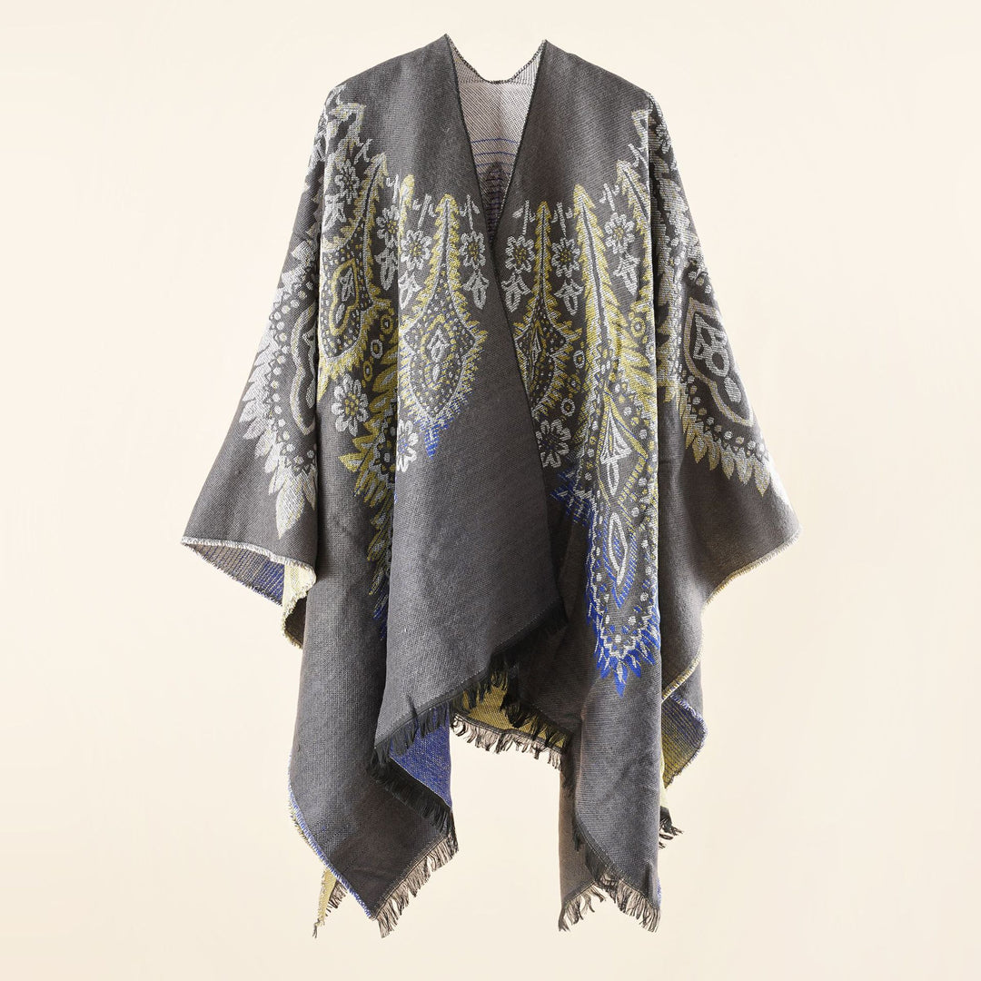 Damen Reversibler Jacquard-Wickelponcho im Oversize-Kaftan mit Fransensaum Shop Nory