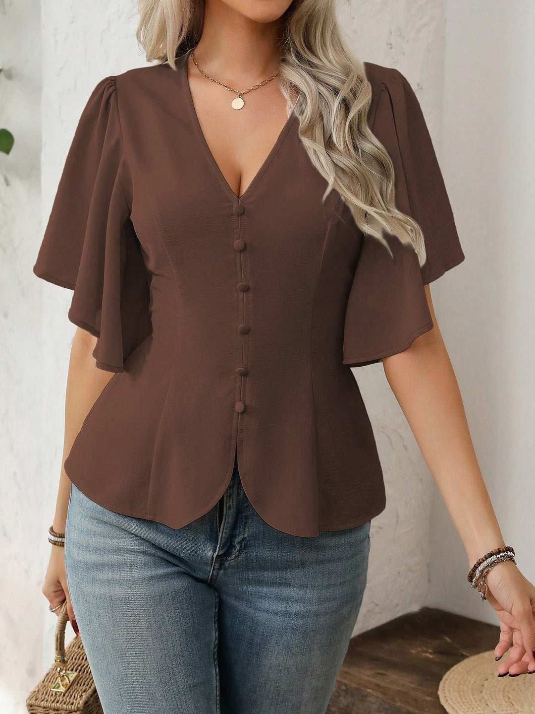 Damen V-Ausschnitt taillierte Bluse mit Schößchen und Volantärmeln Shop Nory