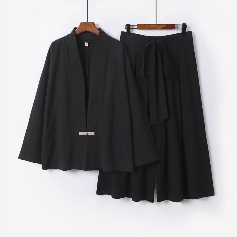 Damen Zen-inspiriertes Kimono-Set aus fließender Viskose mit kurzer Jacke und weiter Culotte-Hose Shop Nory