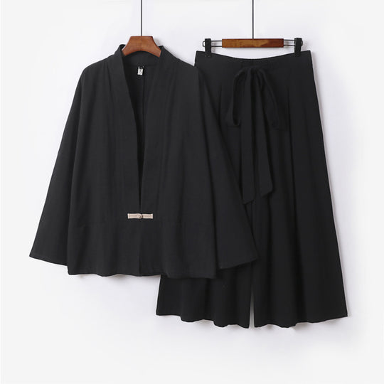 Damen Zen-inspiriertes Kimono-Set aus fließender Viskose mit kurzer Jacke und weiter Culotte-Hose Shop Nory