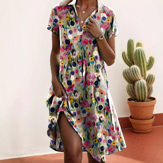 Damen Frischblumen-Hemdkleid mit Knopfverschluss und lässigem Schnitt