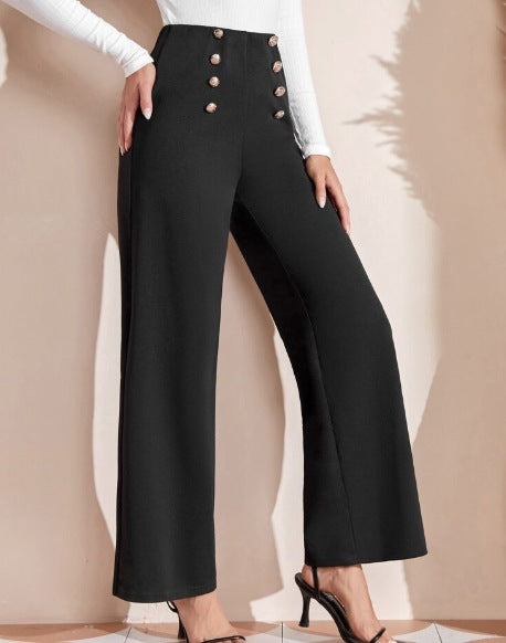 Damen nan hohe Taillenhose mit weitem Bein, maritim inspirierten Zierknöpfen Shop Nory
