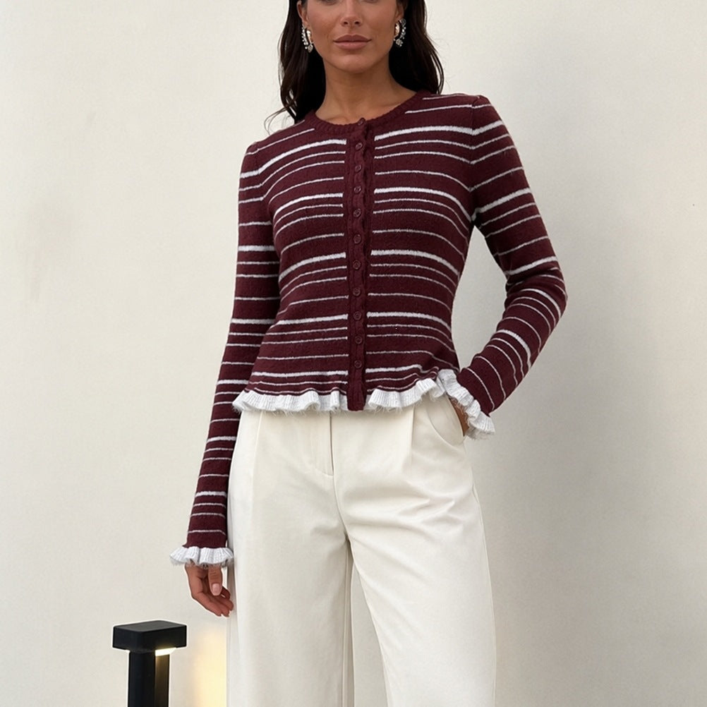 Damen Feinstrick-Buttoncardigan mit Streifen, Rüschenbesatz & taillierter Passform Shop Nory