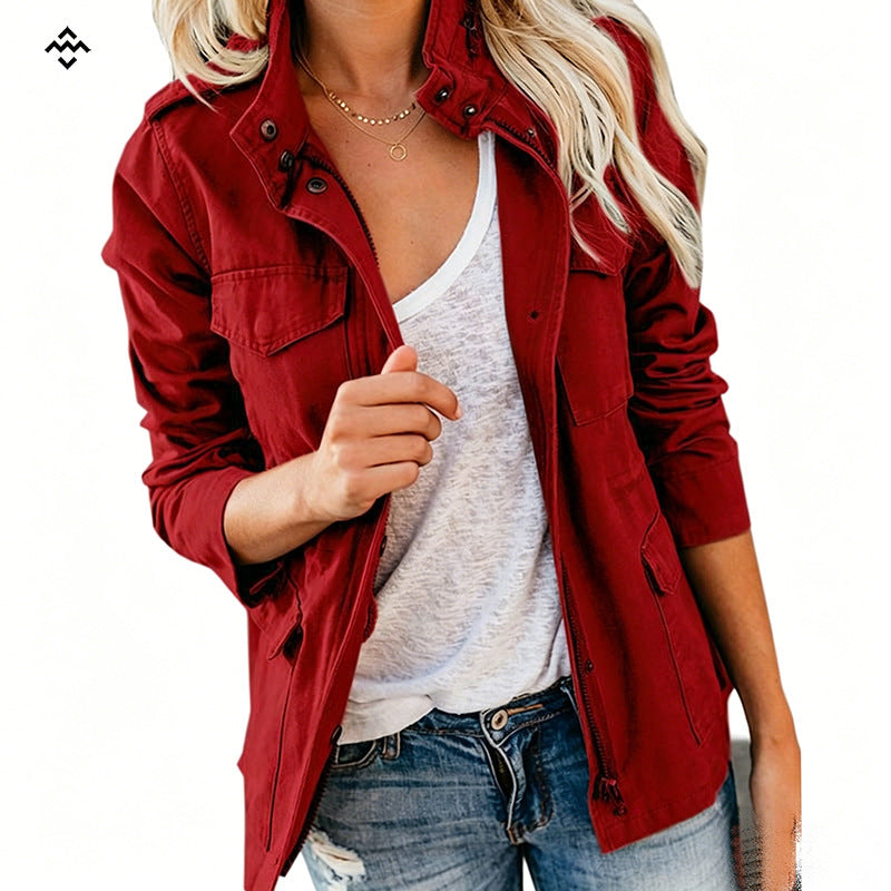 Damen leichte Feldjacke im Utility-Stil mit Stehkragen und Mehrfachtaschen Shop Nory