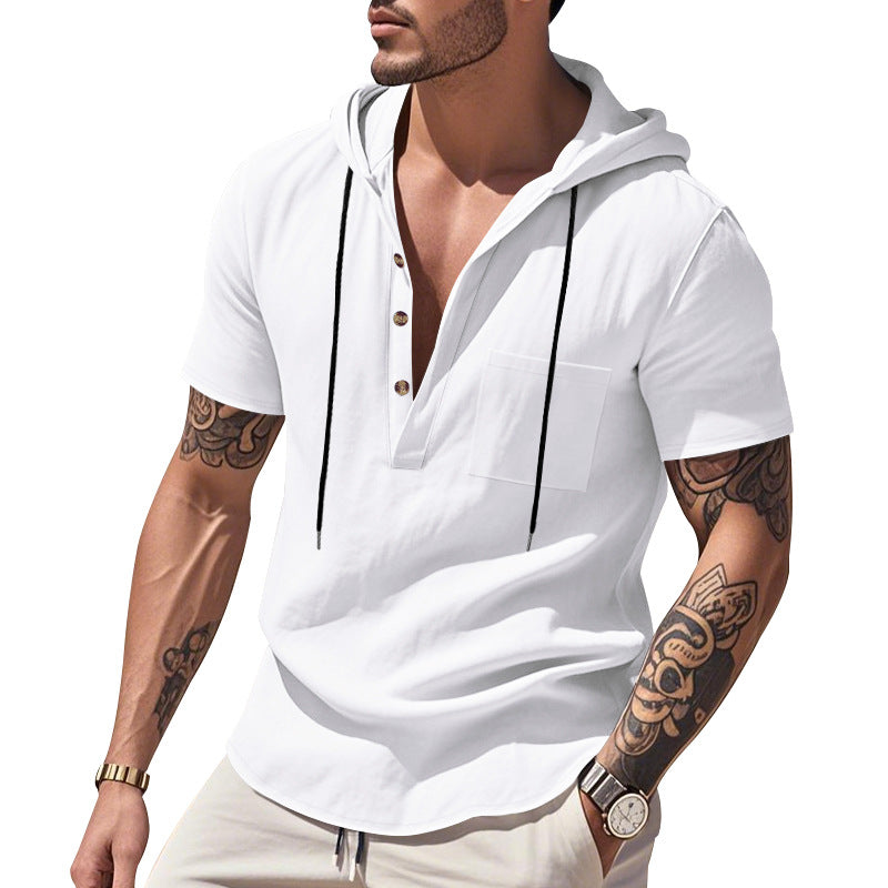 Herren nan legere Kurzarm-Kapuzen-Henley aus Single-Jersey mit Brusttasche und Kontrastkordel