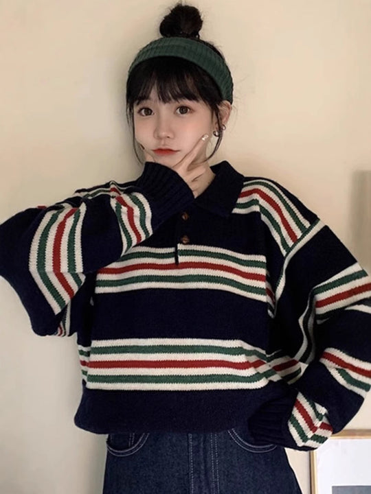 Damen Oversize Polokragen-Strickpullover mit maritimen Blockstreifen und kastiger Cropped-Silhouette Shop Nory