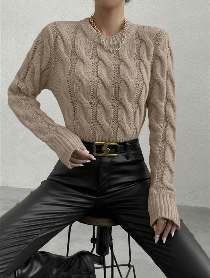 Damen Feiner Zopf‑Strickpullover mit Rundhals und gerippten Bündchen Shop Nory