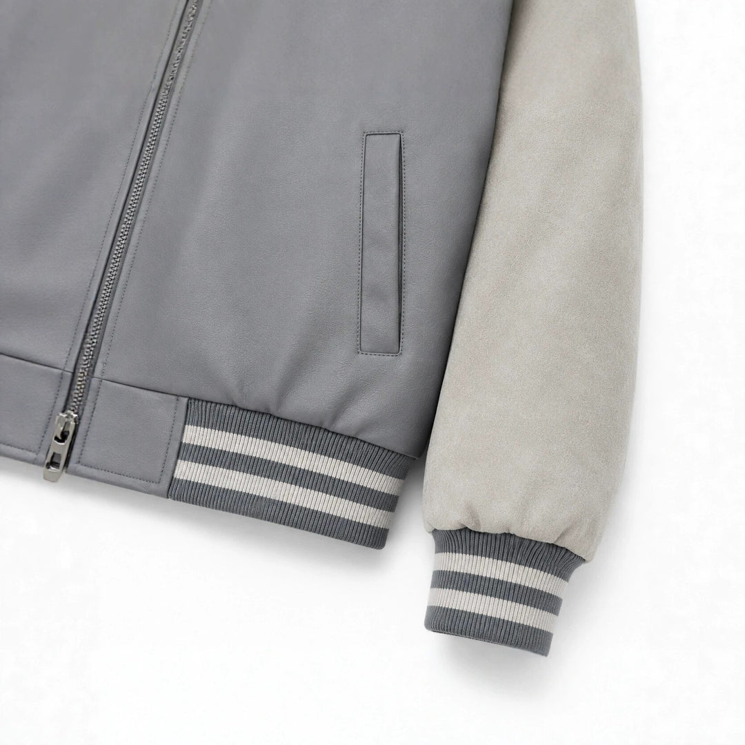 Herren Collegejacke im Letterman‑Style mit Kunstlederkörper und Veloursärmeln Shop Nory