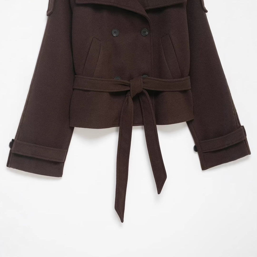 Damen Cropped Wollmix‑Kurzmantel mit hohem Stehkragen, Epauletten und Taillengürtel Shop Nory