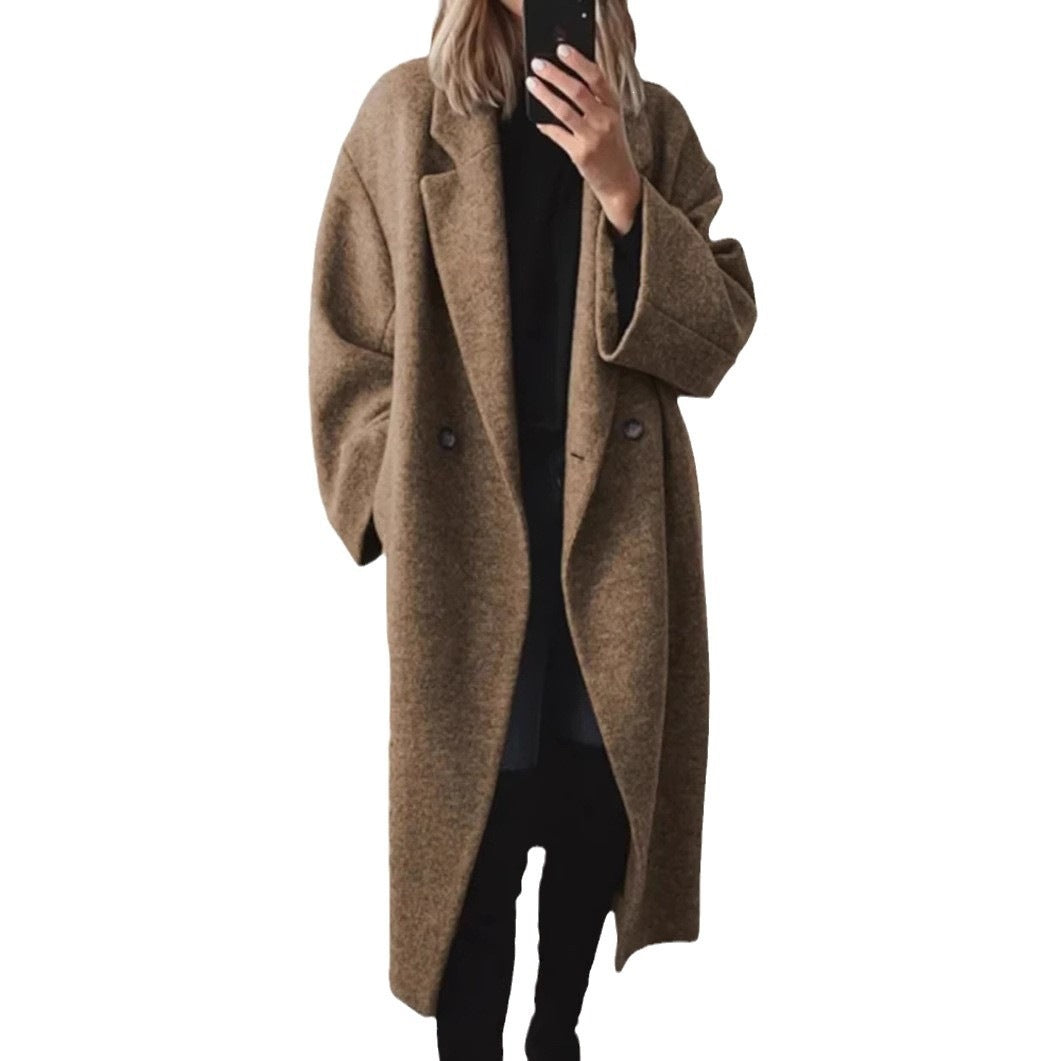 Damen Langmantel aus Wollmix mit doppelreihiger Knopfleiste und weitem Revers Shop Nory