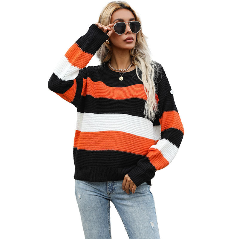Damen Oversize Rippstrick-Pullover mit breiten Blockstreifen und Rundhalsausschnitt Shop Nory