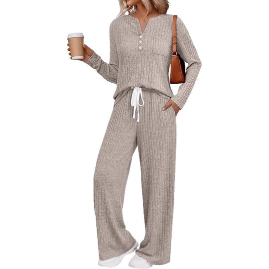 Damen Rippstrick-Lounge-Set mit Knopfleiste und weitem Kordelbund-Hose Shop Nory