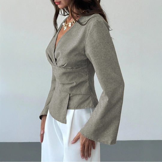 Damen Wickelbluse mit taillierter Drapierung und ausgestellten Ärmeln Shop Nory