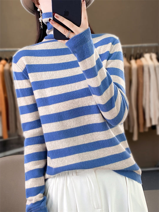 Damen Lässiger gestreifter Rollkragenpullover aus Wollmix mit legerer Passform Shop Nory