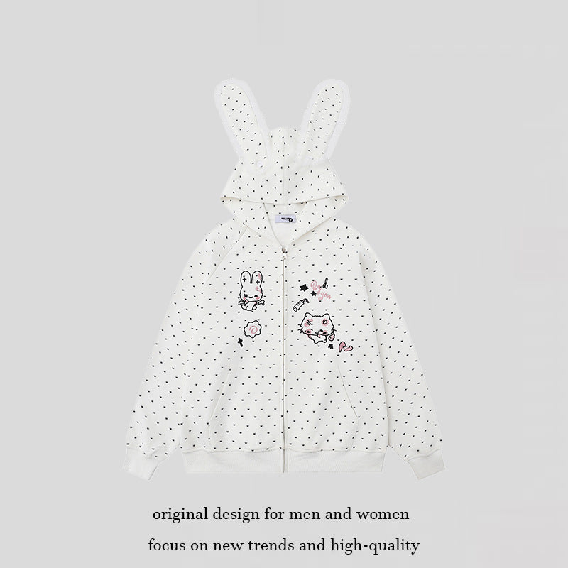 Damen Kapuzensweatjacke im Cozy-Kawaii‑Stil mit 3D-Ohren, Allover-Pünktchen und Frontreißverschluss Shop Nory