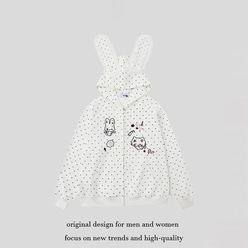 Damen Kapuzensweatjacke im Cozy-Kawaii‑Stil mit 3D-Ohren, Allover-Pünktchen und Frontreißverschluss Shop Nory