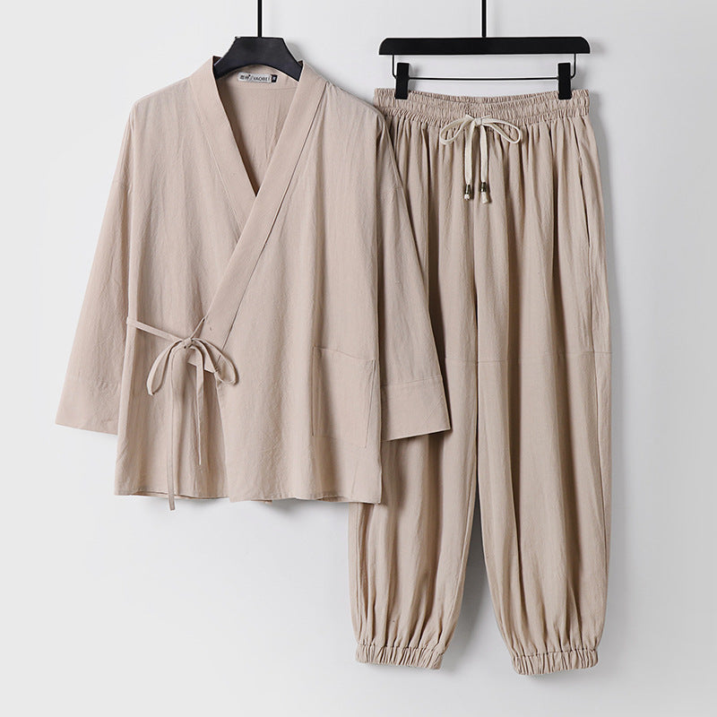 Unisex Entspanntes Kimono-Set mit Wickeljacke, dreiviertelärmeln und elastischer Kordelharemshose Shop Nory