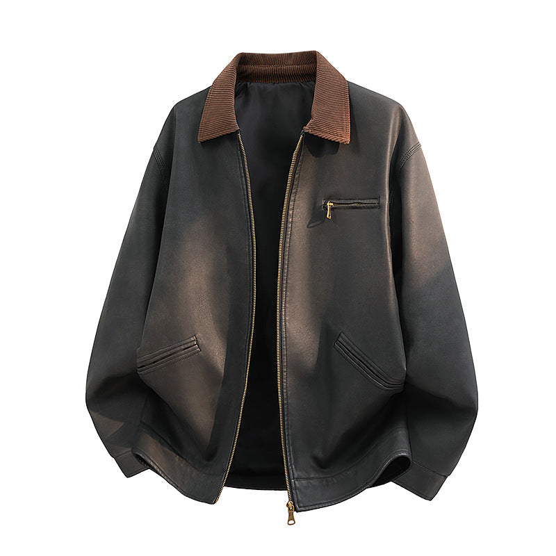Herren Lässige Kunstlederjacke mit breitem Kragen Shop Nory