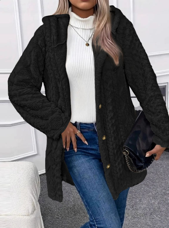 Damen Oversize Strickmantel mit Kapuze, Jacquard‑Struktur und Knopfleiste Shop Nory