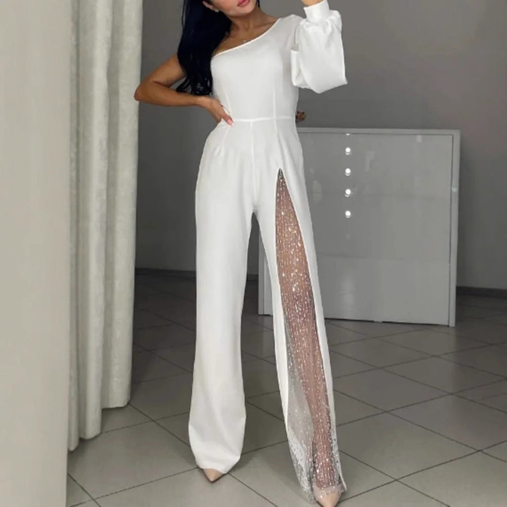 Damen Eleganter Jumpsuit mit transparenten Einsätzen und Pailletten