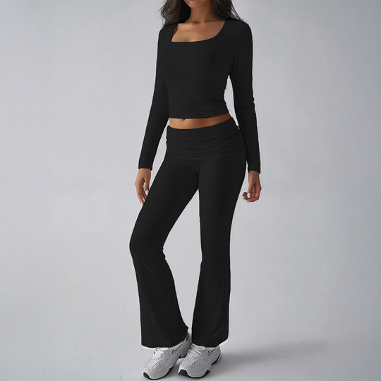 Damen nan figurbetontes Cropped-Set mit langärmeligem Top mit quadratischem Ausschnitt und ausgestellter High‑Waist Yoga-Hose Shop Nory