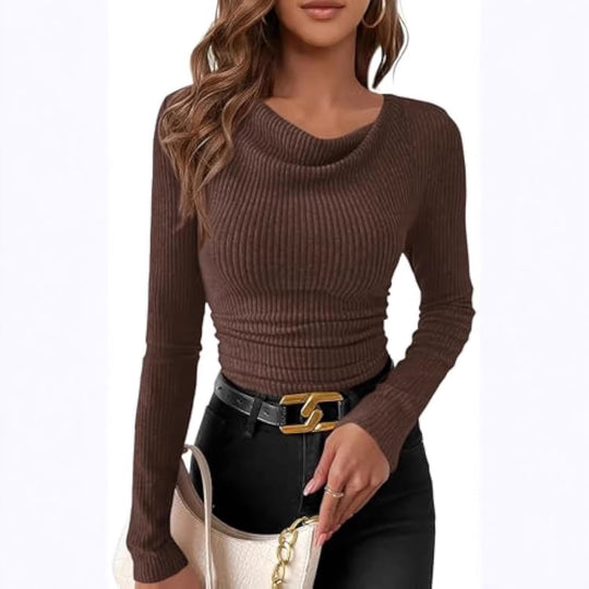 Damen Figurbetontes Feinripp-Longsleeve mit asymmetrischem Wasserfallkragen Shop Nory