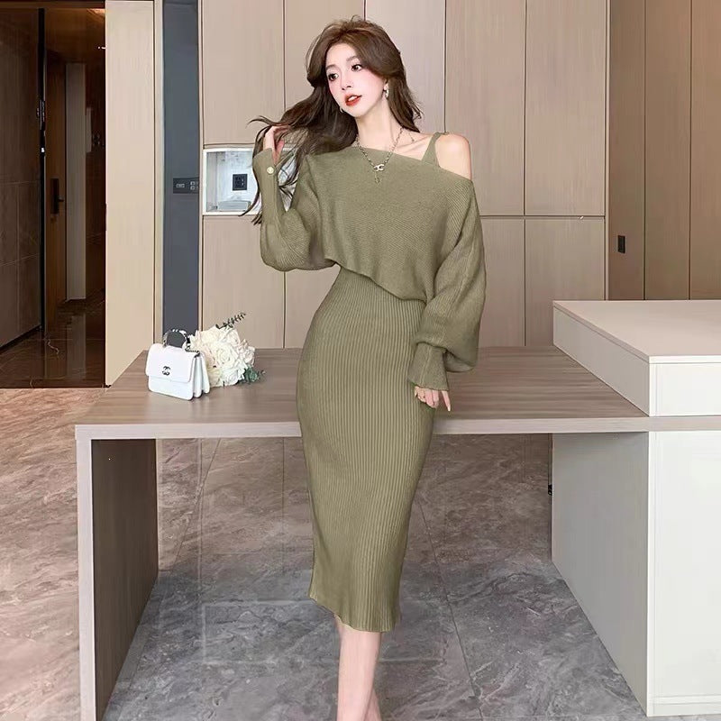 Damen Elegantes Strickkleid mit V-Ausschnitt und passendem Cardigan Shop Nory