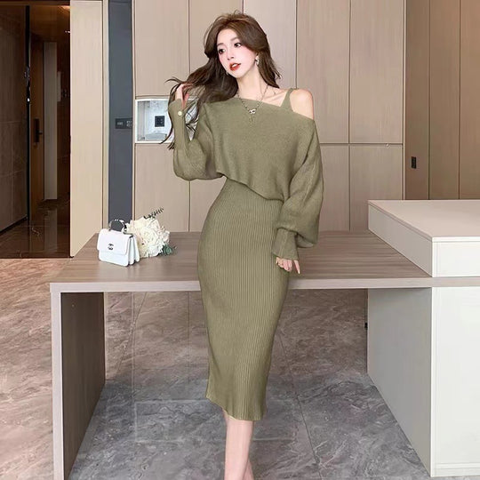 Damen Elegantes Strickkleid mit V-Ausschnitt und passendem Cardigan Shop Nory