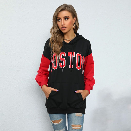Damen Oversize Kapuzenpullover mit Blockingärmeln und Boston-Frontprint Shop Nory
