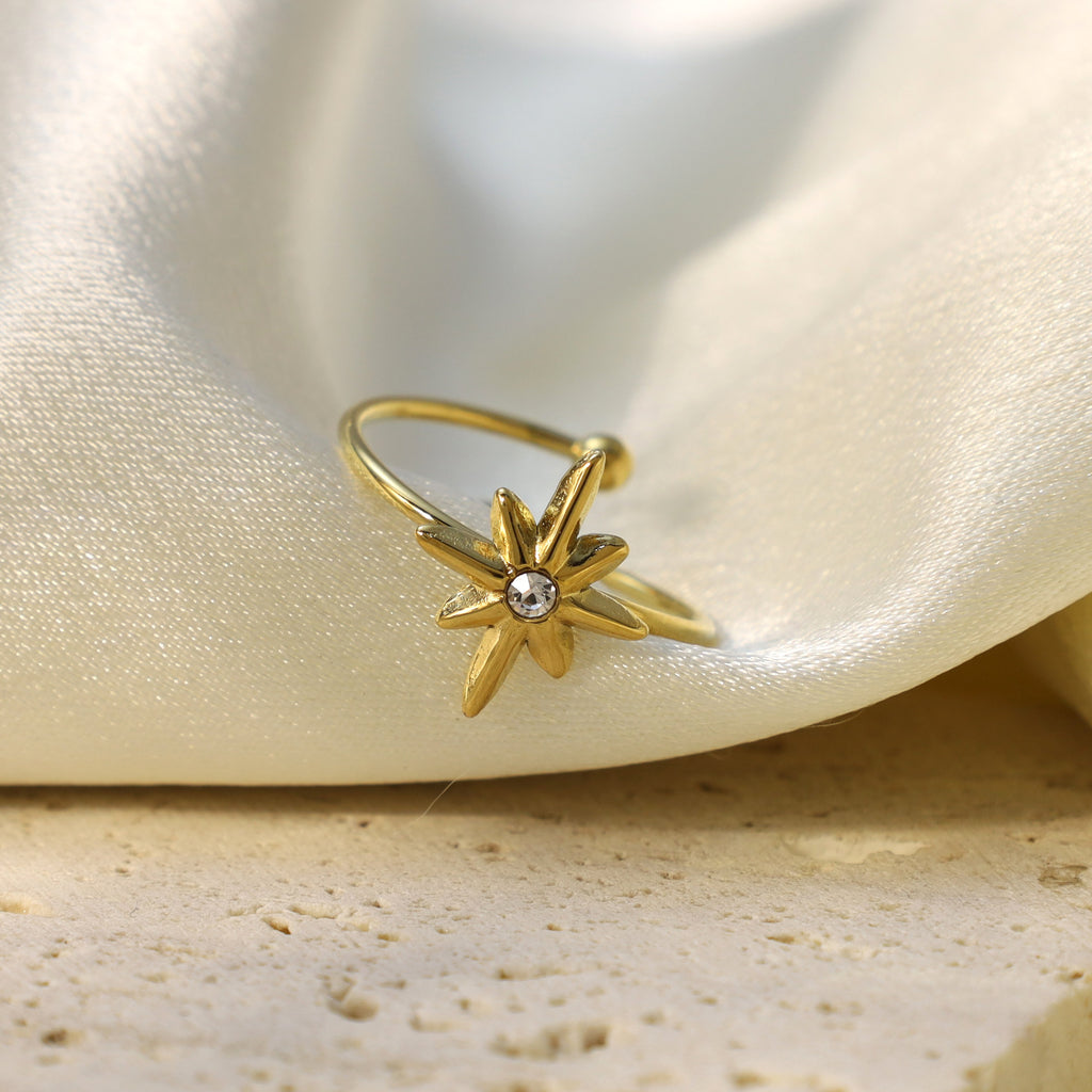 Damen Offener Ring mit floralem Design und funkelndem Stein Shop Nory