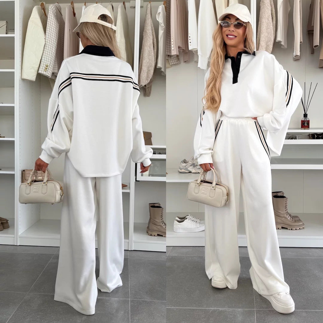 Damen modisches Relax-Set mit Polokragen, markanten Paspelstreifen und weitem Palazzo-Jogger Shop Nory