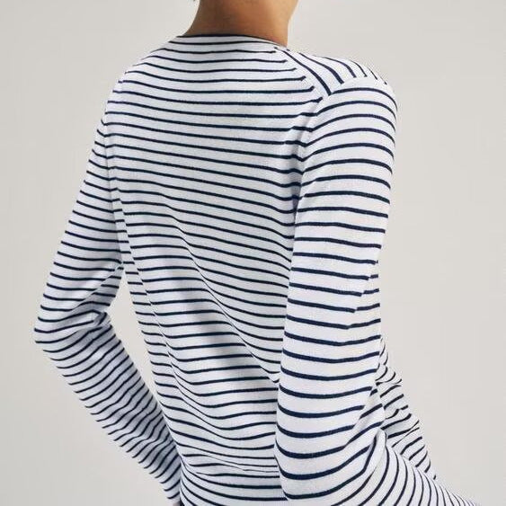 Damen Maritimer Feinstrick-Cardigan mit feinen Streifen und Perlmuttknöpfen Shop Nory