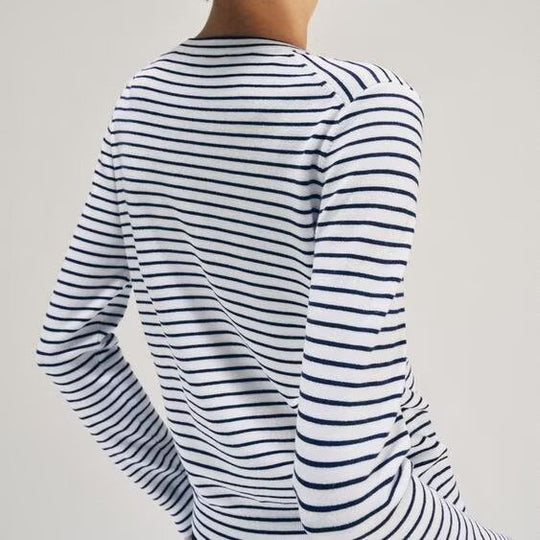 Damen Maritimer Feinstrick-Cardigan mit feinen Streifen und Perlmuttknöpfen Shop Nory