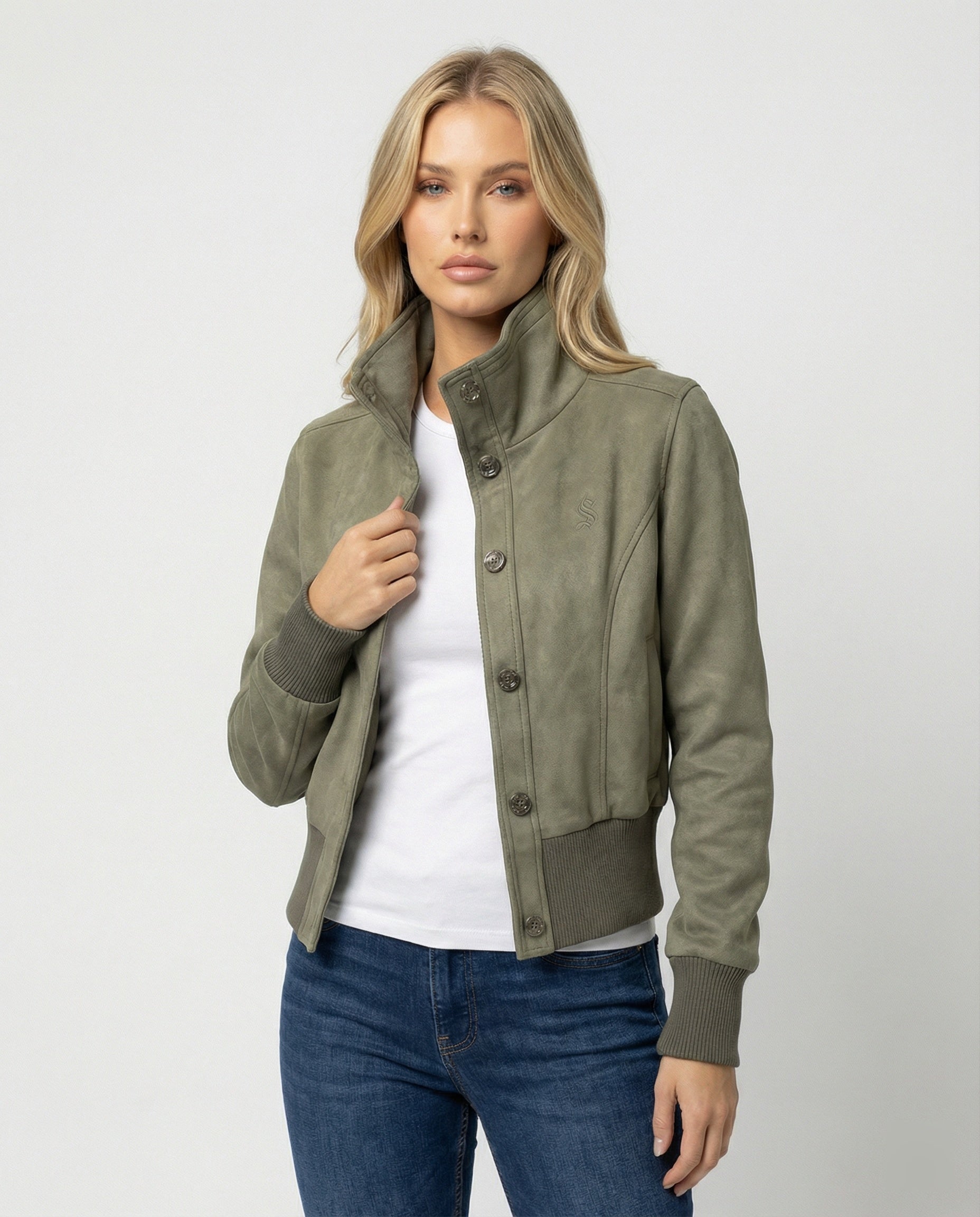 Damen Mode kaufen kurze Wildlederoptik Bomberjacke mit hohem Stehkragen und Rippbündchen