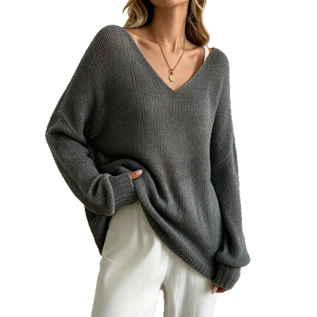 Damen Oversized Strickpullover mit tiefem V-Ausschnitt und feiner Lochstrickstruktur Shop Nory