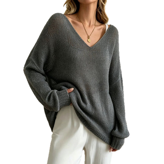 Damen Oversized Strickpullover mit tiefem V-Ausschnitt und feiner Lochstrickstruktur Shop Nory