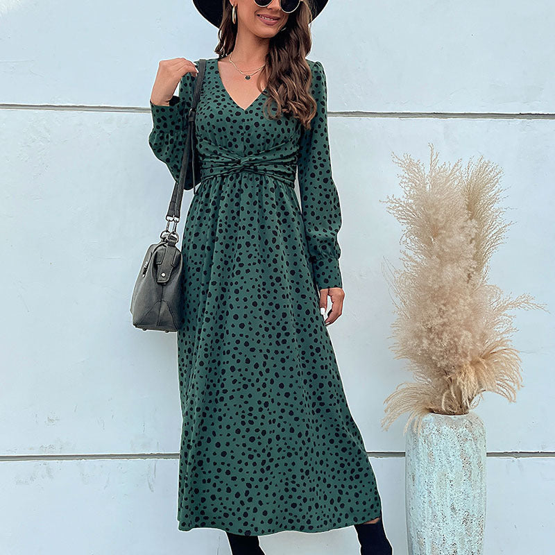 Damen Midikleid im Retro-Pünktchen-Design mit Wickeloptik, V-Ausschnitt und tailliertem Bindegürtel Shop Nory