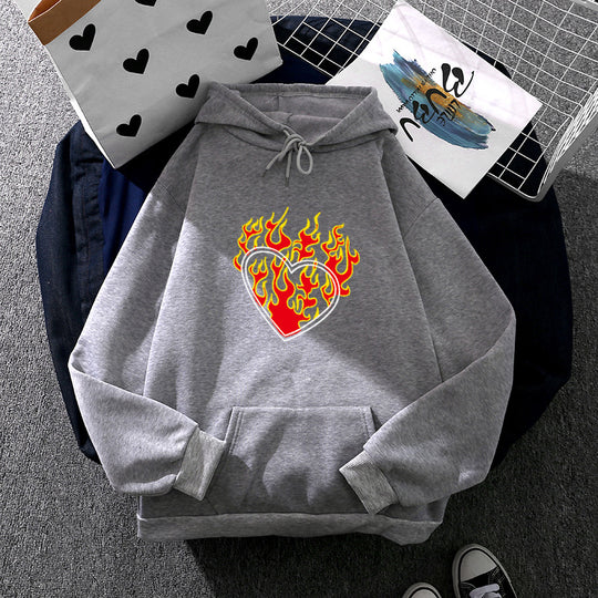 Damen nan leichter Oversize Kapuzenpullover mit Herz‑EKG‑Motiv, langen Kordeln und elastischem Bund Shop Nory