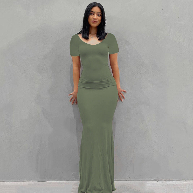 Damen Körperbetontes Maxi‑Jerseykleid mit taillierter Drapierung, langen Ärmeln und ausgestelltem Saum Shop Nory