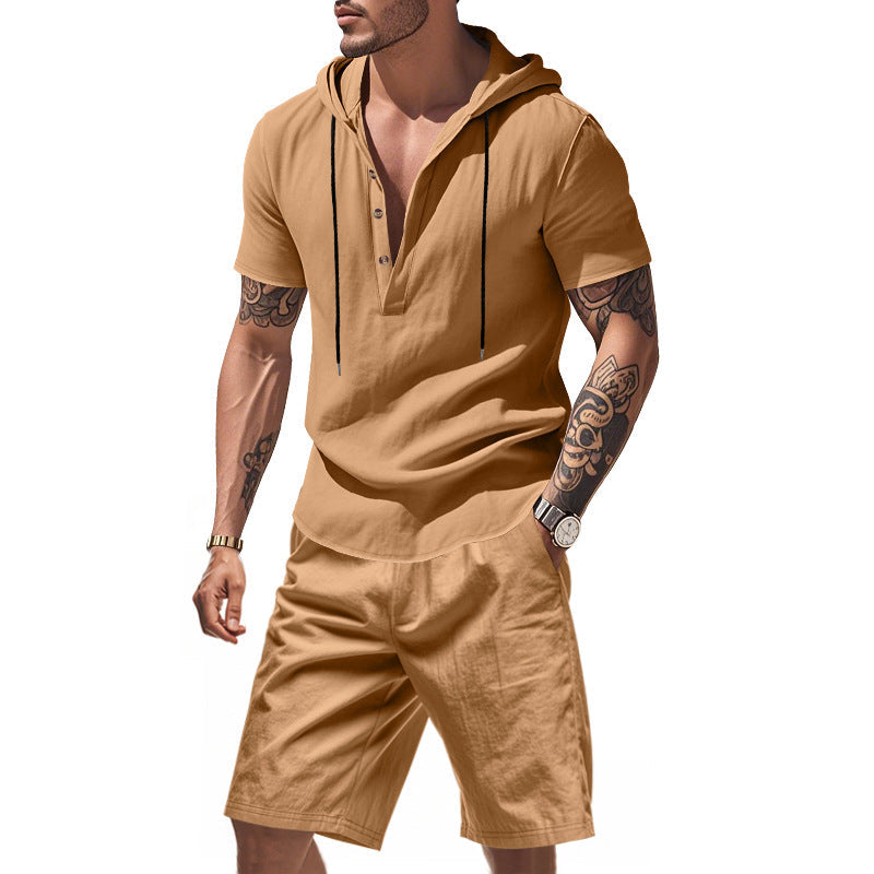 Herren lässiges Kurzarmhemd mit Kapuze und Shorts